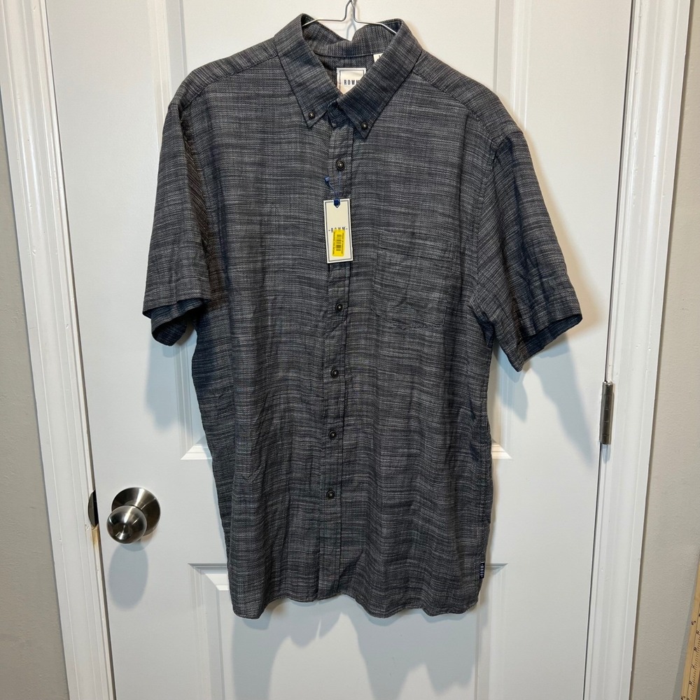 ROWM Mens Short Sleeve Button‎ Down Shirt Gray Textured Casual Size L